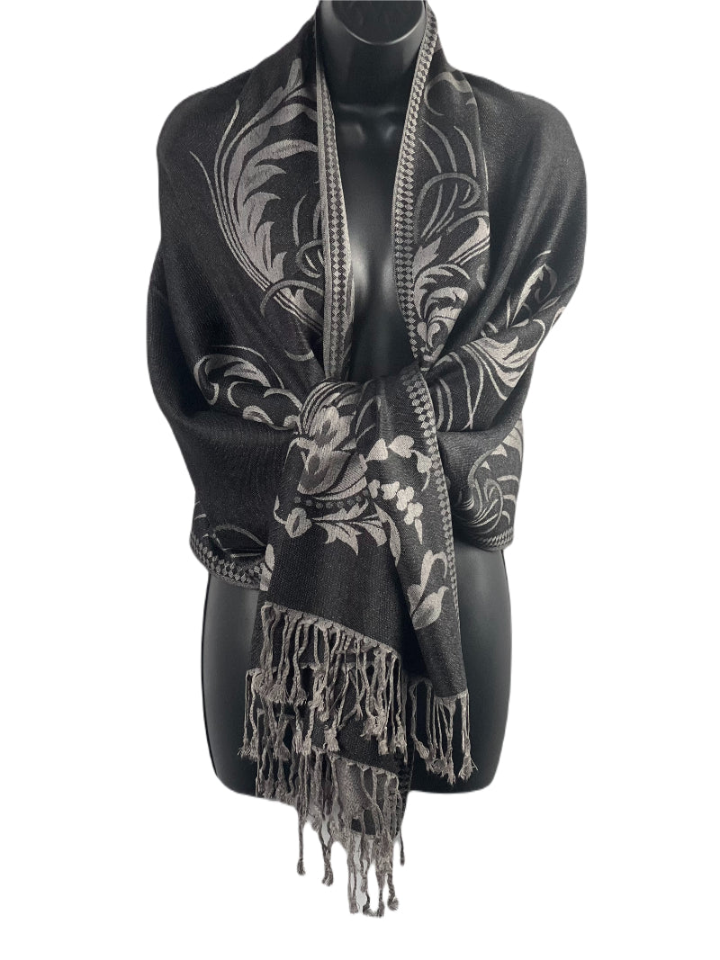 Charcoal Shawl, Silver Motifs, Pashmina Wrap, Floral Elegance, Fringed Scarf, Classic Accessory, Versatile Style, Cozy Warmth, Sophisticated Chic, Understated Glamour, Evening Wear, Daytime Sophistication, Plush Comfort