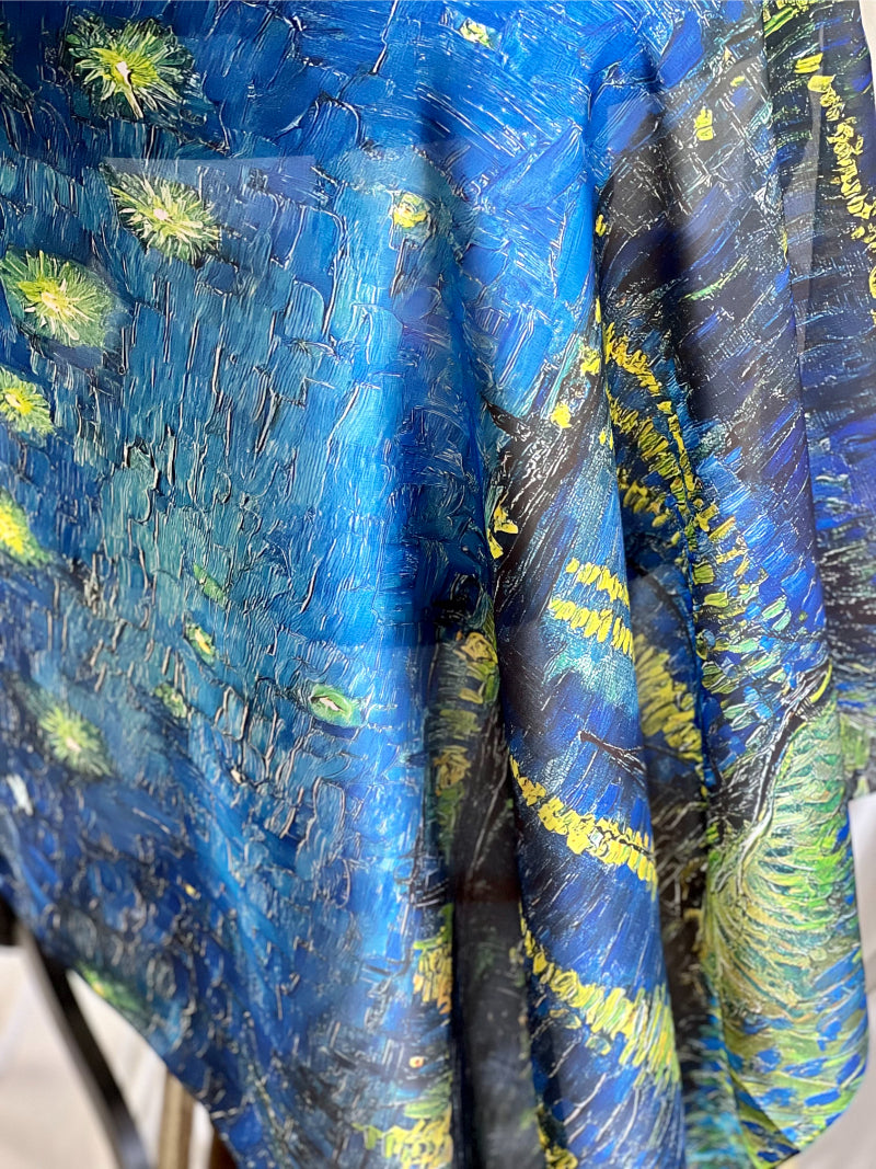 Art Scarf, Van Gogh Wrap, Satin Shawl, Starry Night, Rhone Scarf, Blue Scarf, Luxe Accessory, Handmade Wrap, Vintage Style, Soft Neckwear, Chic Scarf, Gift Scarf, Unique Satin