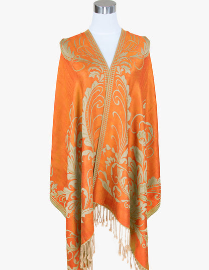 Orange Shawl, Pashmina Wrap, Cream Florals, Fringe Detail, Vibrant Accessory, Elegant Design, Luxurious Feel, Versatile Style, Warm Wrap, Statement Piece, Chic Elegance, Autumn Shawl, Timeless Fashion