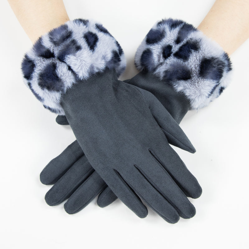 Faux Fur Trim, Suede Texture, Winter Gloves, Leopard Print, Warm Accessory, Fashion Gloves, Soft Handwear, Animal Pattern, Elegant Design, Luxury Feel, Cold Weather, Stylish Gloves, Comfort Fit