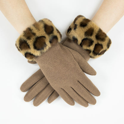 Faux Fur Trim, Suede Texture, Winter Gloves, Leopard Print, Warm Accessory, Fashion Gloves, Soft Handwear, Animal Pattern, Elegant Design, Luxury Feel, Cold Weather, Stylish Gloves, Comfort Fit