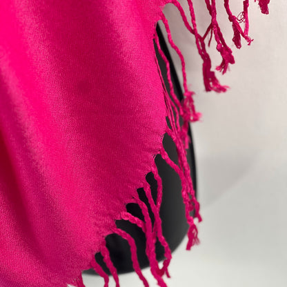 Fuchsia Shawl, Pashmina Wrap, Cashmere-Feel, Luxurious Tassels, Vibrant Elegance, Soft Texture, Bold Color, Chic Accessory, Versatile Fashion, Cozy Warmth, Stylish Comfort, Quality Fabric, Eye-Catching Design