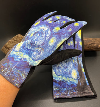 Van Gogh Gloves, Artistic Gloves, Tech Gloves, Painted Handwear, Starry Handwear, Crafted Gloves, Night Sky Gloves, Touch Gloves, Blue Art Gloves, Black Tech Wear, Unique Gloves, Vintage Gloves, Art Gift Gloves