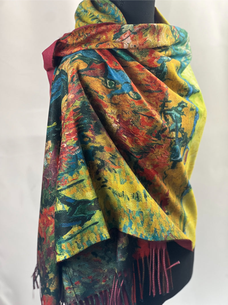 Art Print Scarf, Van Gogh Shawl, Red Art Wrap, Painted Scarf, Arles Shawl, Craft Scarf, Gallery Wrap, Vintage Scarf, Artisan Shawl, Painter Scarf, Harvest Wrap, Unique Shawl, Fringe Scarf