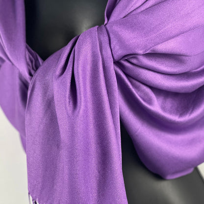 Purple Shawl, Pashmina, Cashmere-Feel, Elegant Fringe, Luxurious Wrap, Classic Accessory, Versatile Style, Deep Purple, Soft Warmth, Sophisticated Look, Quality Fabric, All-Season Comfort, Fashion Staple