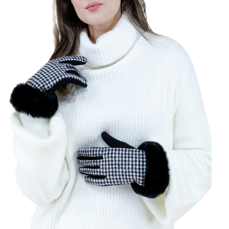 Houndstooth Glove, Furry Cuff Glove, Black White Glove, Touch Glove, Elegant Handwear, Retro Gloves, Chic Mittens, Faux Fur Gloves, Pattern Gloves, Winter Gloves, Soft Gloves, Gift Gloves, Warm Gloves