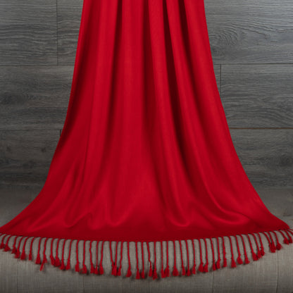 Red Shawl, Pashmina, Cashmere-Feel, Elegant Tassels, Timeless Elegance, Bold Red, Soft Wrap, Luxurious Warmth, Versatile Style, Vibrant Color, Sophisticated Accessory, Quality Craftsmanship, Wardrobe Staple