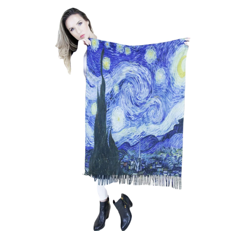 Van Gogh Scarf, Art Shawl, Night Wrap, Fringe Scarf, Star Scarf, Celestial Shawl, Crafted Wrap, Artisan Scarf, Sky Drapery, Boho Scarf, Vintage Wrap, Painter Scarf, Blue Art Shawl