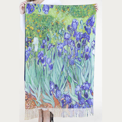 Floral Silk Scarf, Iris Print Wrap, Blue Art Shawl, Spring Accessory, Painterly Scarf, Elegant Drapery, Blossom Design, Luxe Silk Wear, Artistic Wrap, Fashion Statement, Vibrant Shawl, Garden Motif, Stylish Cover-up