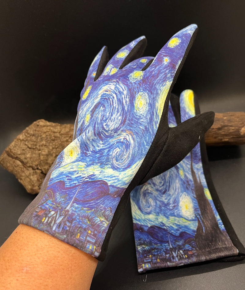 Van Gogh Gloves, Artistic Gloves, Tech Gloves, Painted Handwear, Starry Handwear, Crafted Gloves, Night Sky Gloves, Touch Gloves, Blue Art Gloves, Black Tech Wear, Unique Gloves, Vintage Gloves, Art Gift Gloves