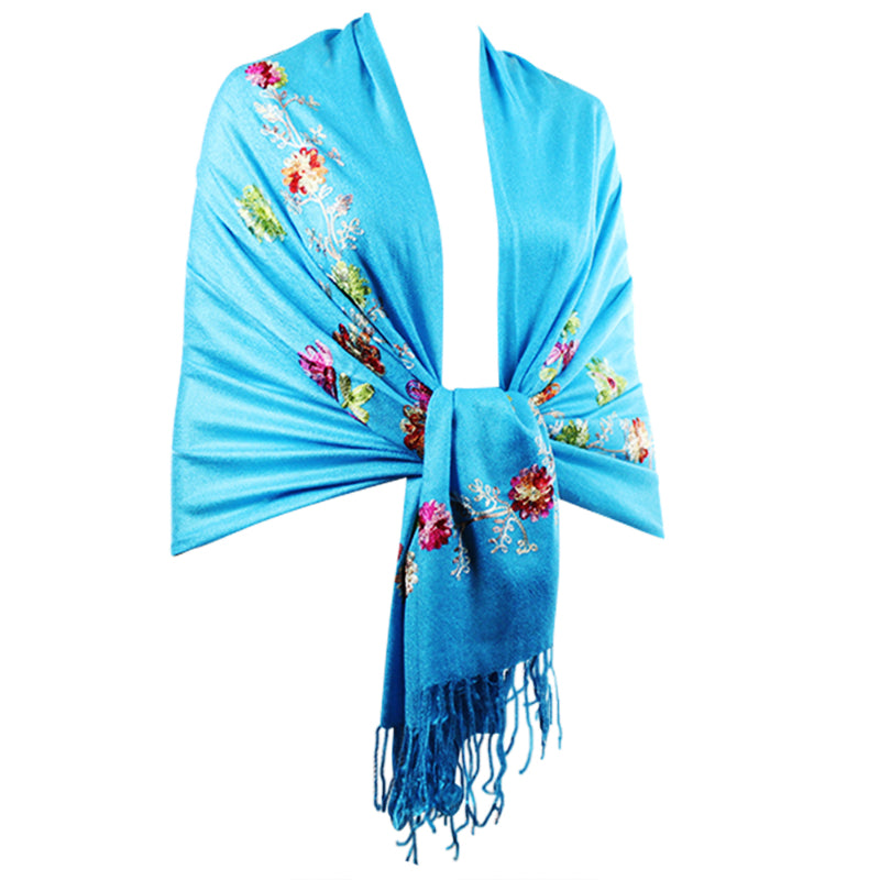 Turquoise Scarf, Floral Shawl, Embroidery, Handmade Wrap, Boho Chic Scarf, Artisan Shawl, Fringed Scarf, Bright Wrap, Eco Textile, Soft Wool Blend, Gift for Her, Vibrant Accessory, Unique Embroidery