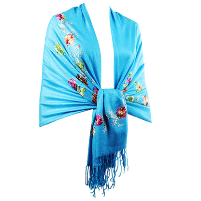 Turquoise Scarf, Floral Shawl, Embroidery, Handmade Wrap, Boho Chic Scarf, Artisan Shawl, Fringed Scarf, Bright Wrap, Eco Textile, Soft Wool Blend, Gift for Her, Vibrant Accessory, Unique Embroidery