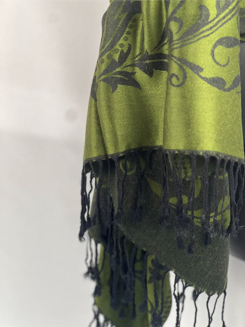 Emerald Shawl, Pashmina, Dark Floral, Green Wrap, Fringed Scarf, Timeless Elegance, Sophisticated Style, Soft Comfort, Versatile Accessory, Elegant Design, Chic Layering, Luxurious Texture, Classic Beauty