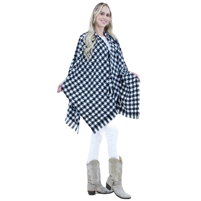 Ruana Wrap, Houndstooth, Poncho, Artisanal, Handcrafted, One Size, Black White, Versatile, Classic, Cozy, Boutique, Timeless, Elegant