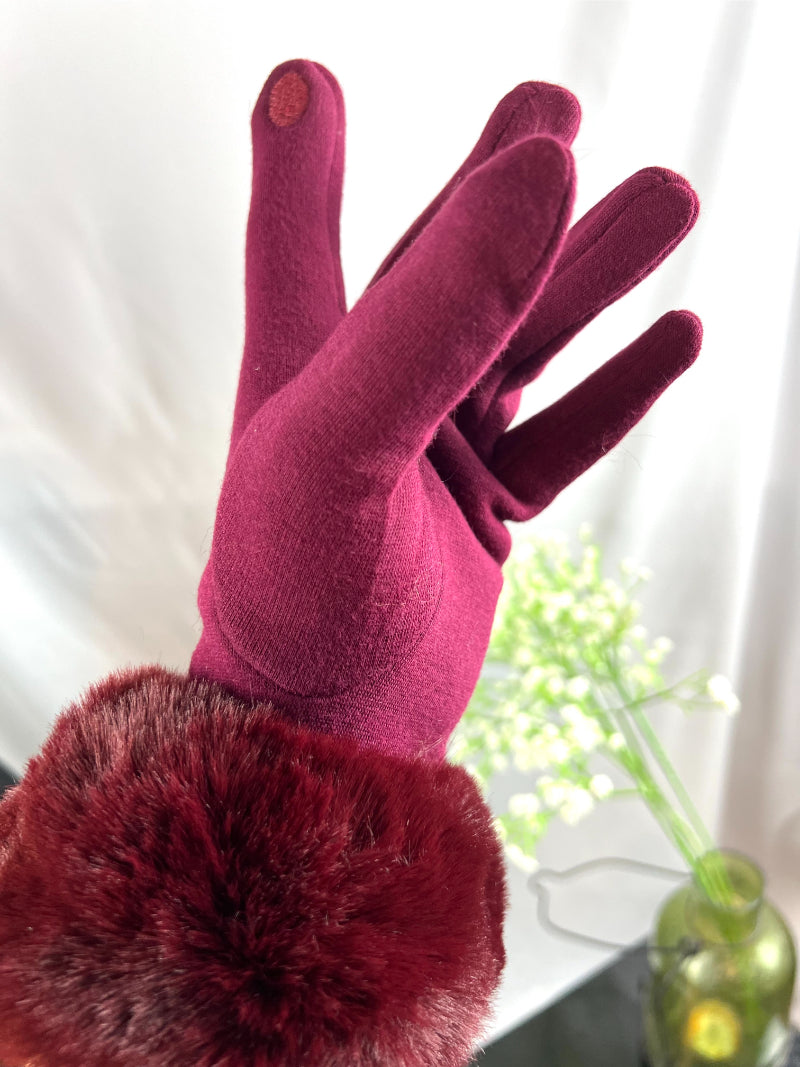 Gloves, Fur Cuff Gloves, Mitts, Artisan Gloves, Texting Gloves, Crafted Handwear, Chic Red Gloves, Faux Fur Gloves, Vibrant Gloves, Cozy Handwear, Stylish Gloves, Winter Gloves, Elegant Mittens