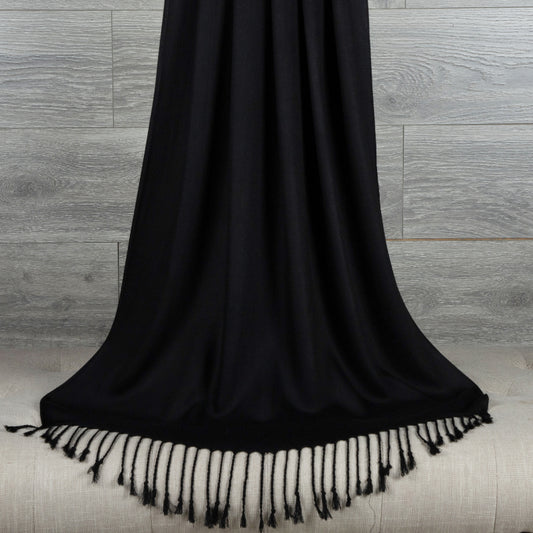 Black Shawl, Pashmina, Cashmere-Feel, Chic Fringe, Timeless Elegance, Versatile Accessory, Classic Style, Soft Wrap, Elegant Layer, Sophisticated Look, Insulating Comfort, Quality Craftsmanship, Wardrobe Essential