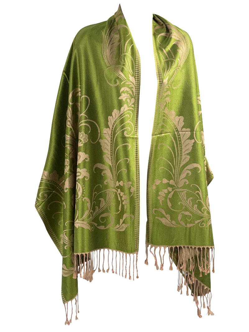 Green Pashmina, Cream Florals, Fringed Elegance, Shawl Wrap, Serene Accessory, Soft Luxury, Versatile Fashion, Nature-Inspired, Elegant Embellishment, Stylish Comfort, Traditional Craft, Contemporary Chic, Garden Fresh