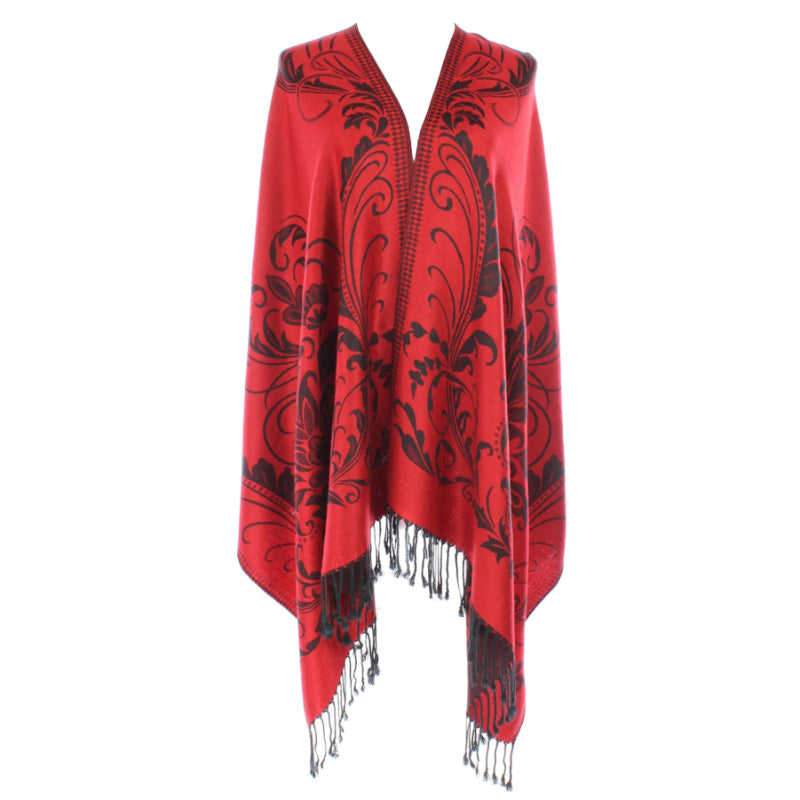 Red Pashmina, Black Floral, Fringed Shawl, Bold Elegance, Sophisticated Wrap, Luxurious Feel, Versatile Accessory, Timeless Style, Evening Chic, Statement Piece, Fashion Shawl, Stylish Warmth, Elegant Design