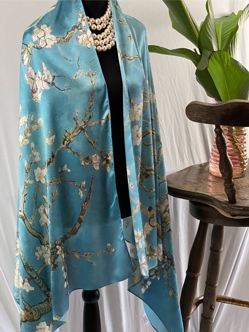 Blossom Satin Scarf, Teal Art Shawl, Handmade Wrap, Van Gogh Scarf, Floral Satin Shawl, Crafted Scarf, Artisan Shawl, Blossom Wrap, Satin Teal Scarf, Eco Art Scarf, Unique Teal Wrap, Spring Scarf, Painted Shawl