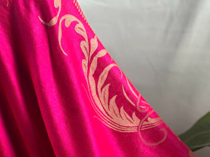 Hot Pink Shawl, Pashmina Wrap, Gold Floral, Fringe Detail, Glamorous Wrap, Vibrant Color, Chic Accessory, Soft Texture, Versatile Style, Bold Elegance, Sparkling Design, Fashion Statement, Luxe Comfort