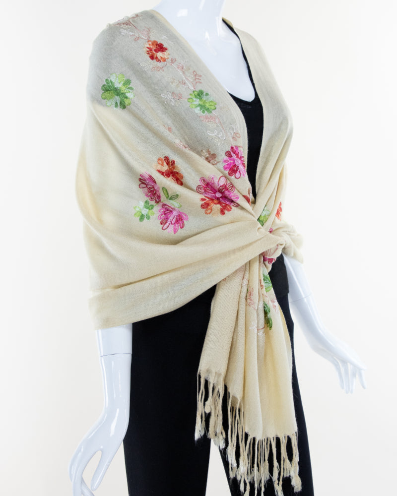 Camel Shawl, Floral Scarf, Embroidery Wrap, Tassel Fringe, Soft Pashmina, Boho Chic Wrap, Artisan Scarf, Vintage Look, Warm Wrap, Neutral Scarf, Handmade Shawl, Elegant Wrap, Unique Scarf