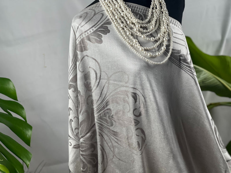 Silver Shawl, Pashmina Wrap, Fringe Detail, Floral Pattern, Elegant Scarf, Soft Accessory, Gray Embroidery, Luxe Drapery, Chic Cover-up, Winter Fashion, Sophisticated, Timeless Style, Versatile Wear