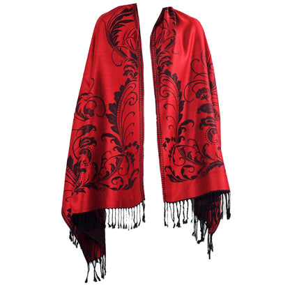 Red Pashmina, Black Floral, Fringed Shawl, Bold Elegance, Sophisticated Wrap, Luxurious Feel, Versatile Accessory, Timeless Style, Evening Chic, Statement Piece, Fashion Shawl, Stylish Warmth, Elegant Design