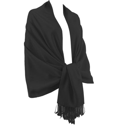 Black Shawl, Pashmina, Cashmere-Feel, Chic Fringe, Timeless Elegance, Versatile Accessory, Classic Style, Soft Wrap, Elegant Layer, Sophisticated Look, Insulating Comfort, Quality Craftsmanship, Wardrobe Essential