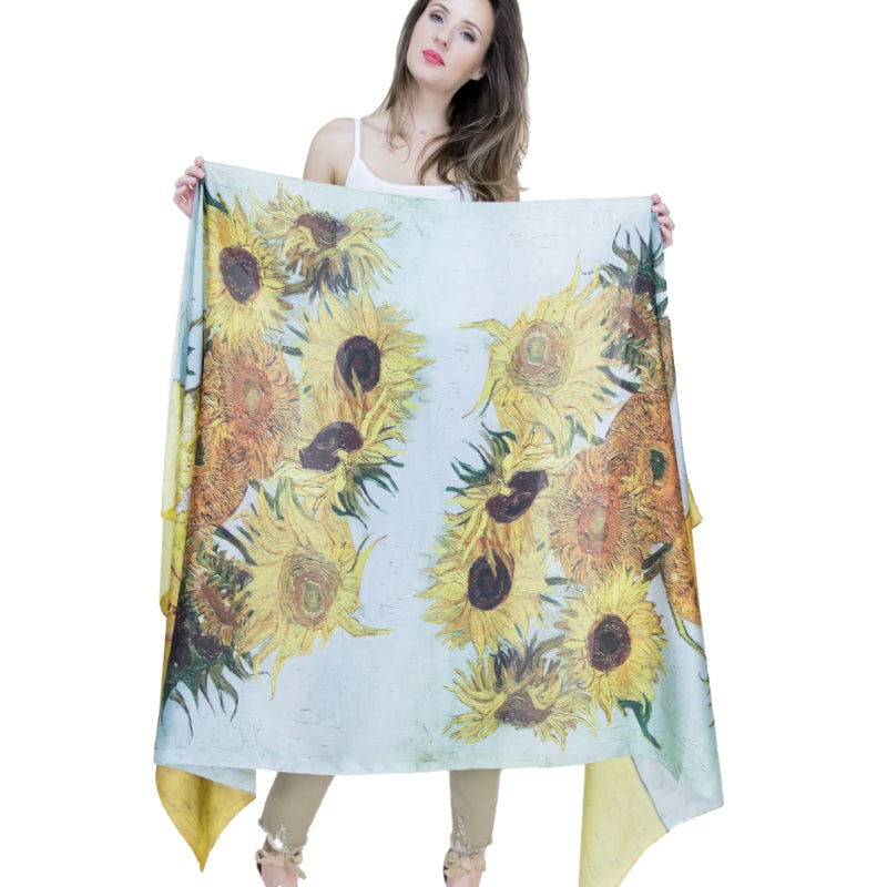 Sunflower Scarf, Satin Shawl, Turquoise Wrap, Handmade Scarf, Floral Shawl, Golden Wrap, Artisan Scarf, Vintage Scarf, Satin Wrap, Eco-Friendly Scarf, Elegant Shawl, Nature Scarf, Crafted Wrap