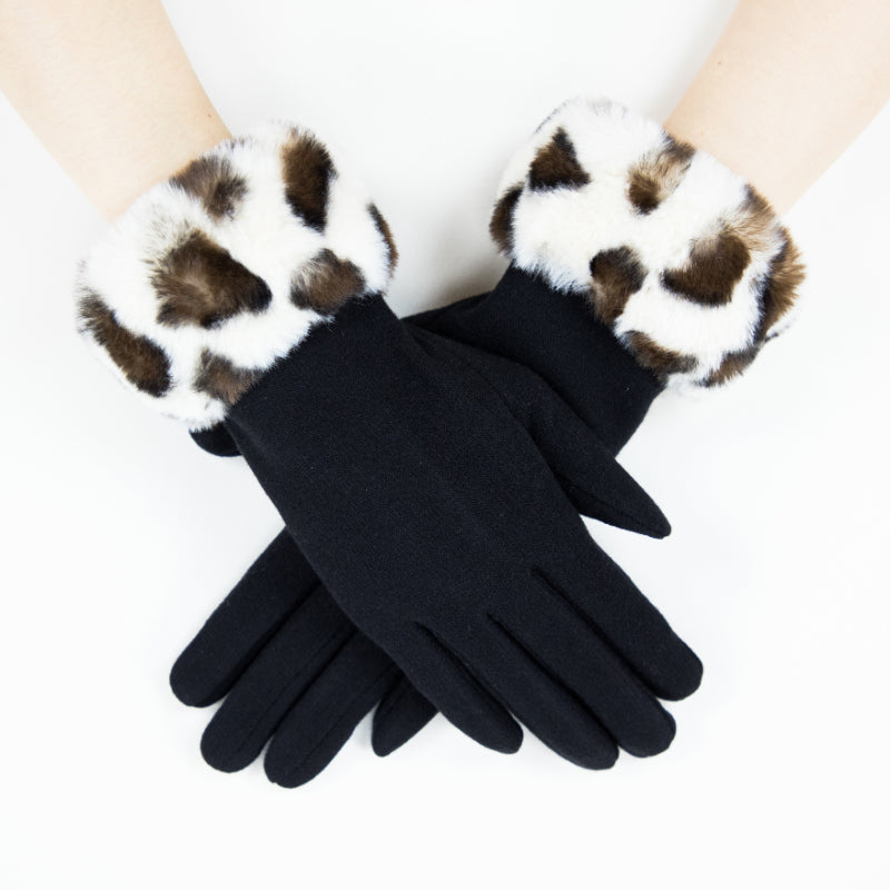 Fur-Cuffed Gloves, Leopard Gloves, Touchscreen Warmth, Chic Handwear, Faux Fur Trim, Vintage Style, Artisan Gloves, Eco-Friendly Fit, Black White Chic, Soft Suede Feel, Unique Gift, Winter Elegance, Handmade Gloves