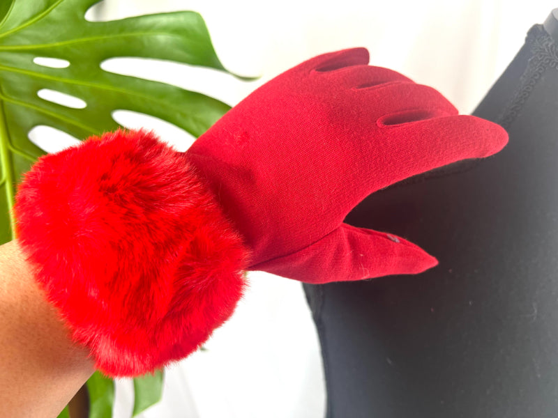 Red Gloves, Fur Cuff Gloves, Handmade Mitts, Artisan Gloves, Texting Gloves, Crafted Handwear, Chic Red Gloves, Faux Fur Gloves, Vibrant Gloves, Cozy Handwear, Stylish Gloves, Winter Gloves, Elegant Mittens