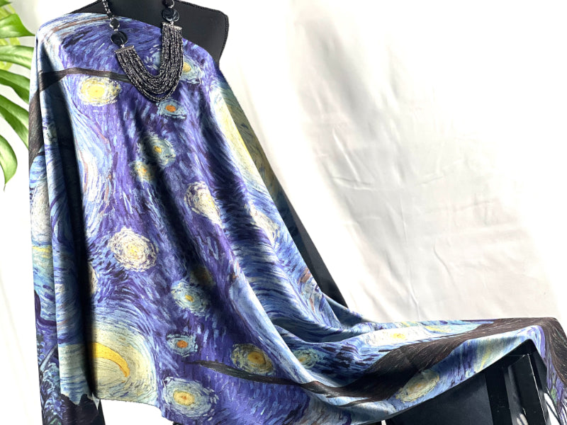 Van Gogh Scarf, Art Shawl, Night Wrap, Fringe Scarf, Star Scarf, Celestial Shawl, Crafted Wrap, Artisan Scarf, Sky Drapery, Boho Scarf, Vintage Wrap, Painter Scarf, Blue Art Shawl