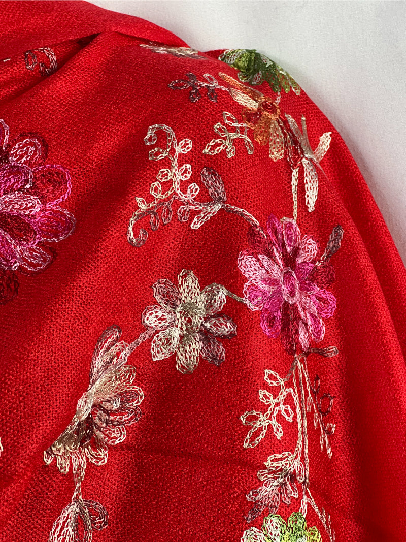 Embroidered, Red Scarf, Pashmina, Floral Design, Fringed, Elegant Wrap, Soft Texture, Versatile, Fashion Shawl, Warm Accessory, Stylish, High-Quality, Seasonal Wear