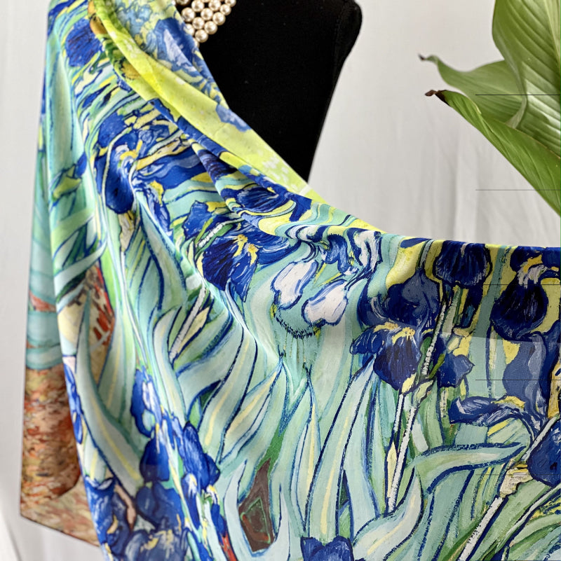 Iris Satin Scarf, Handmade Shawl, Floral Wrap, Botanic Scarf, Blue Green Shawl, Garden Scarf, Artisan Scarf, Bloom Wrap, Silky Scarf, Crafted Shawl, Iris Print Wrap, Bespoke Scarf, Nature Shawl