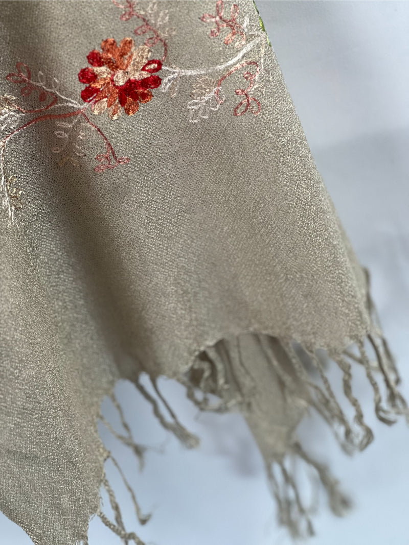 Embroidered Scarf, Floral Shawl, Gray Wool Wrap, Soft Fringe Scarf, Boho Chic Wrap, Artisan Scarf, Winter Accessory, Light Gray Scarf, Hand Stitched, Fashion Shawl, Bohemian Scarf, Gift for Her, Elegant Wrap