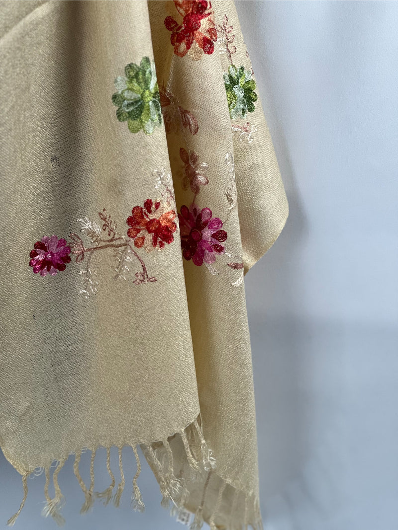 Camel Shawl, Floral Scarf, Embroidery Wrap, Tassel Fringe, Soft Pashmina, Boho Chic Wrap, Artisan Scarf, Vintage Look, Warm Wrap, Neutral Scarf, Handmade Shawl, Elegant Wrap, Unique Scarf