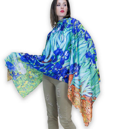 Iris Satin Scarf, Handmade Shawl, Floral Wrap, Botanic Scarf, Blue Green Shawl, Garden Scarf, Artisan Scarf, Bloom Wrap, Silky Scarf, Crafted Shawl, Iris Print Wrap, Bespoke Scarf, Nature Shawl