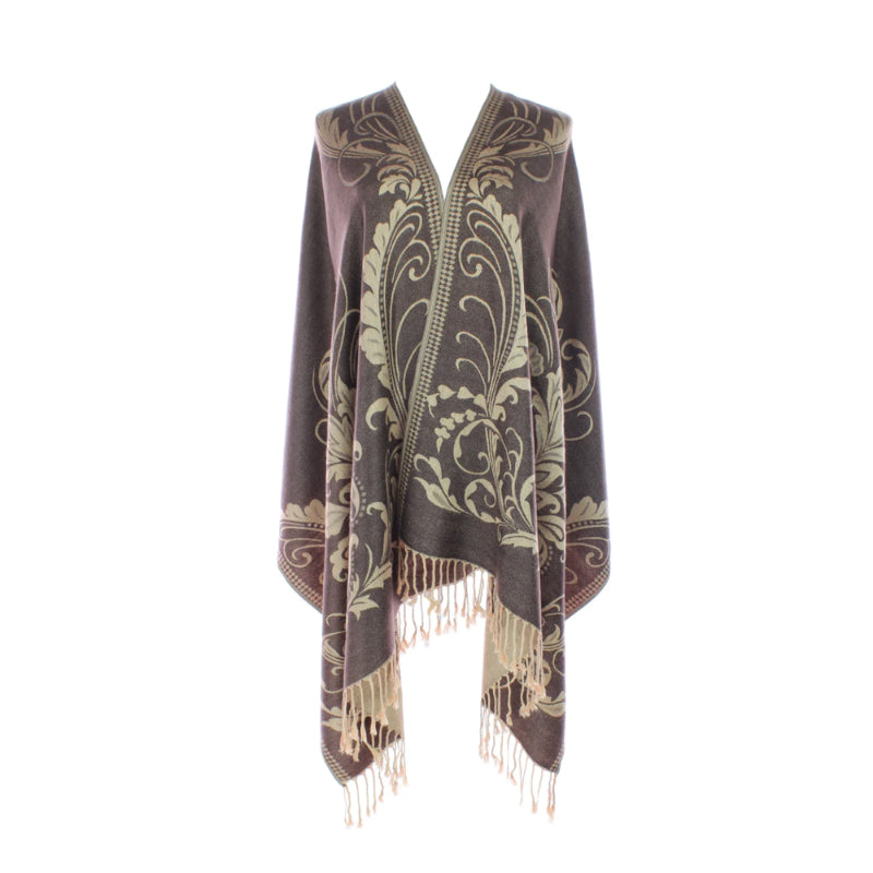 Brown Shawl, Pashmina Wrap, Tan Florals, Fringed Elegance, Elegant Layering, Classic Accessory, Sophisticated Style, Versatile Fashion, Timeless Design, Warm Comfort, Chic Wrap, Autumn Scarf, Luxe Texture