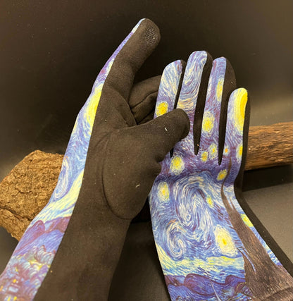 Van Gogh Gloves, Artistic Gloves, Tech Gloves, Painted Handwear, Starry Handwear, Crafted Gloves, Night Sky Gloves, Touch Gloves, Blue Art Gloves, Black Tech Wear, Unique Gloves, Vintage Gloves, Art Gift Gloves