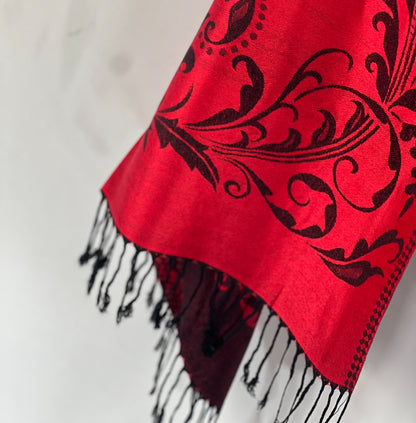 Red Pashmina, Black Floral, Fringed Shawl, Bold Elegance, Sophisticated Wrap, Luxurious Feel, Versatile Accessory, Timeless Style, Evening Chic, Statement Piece, Fashion Shawl, Stylish Warmth, Elegant Design