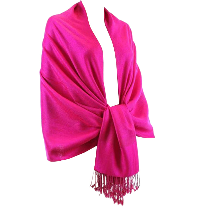 Fuchsia Shawl, Pashmina Wrap, Cashmere-Feel, Luxurious Tassels, Vibrant Elegance, Soft Texture, Bold Color, Chic Accessory, Versatile Fashion, Cozy Warmth, Stylish Comfort, Quality Fabric, Eye-Catching Design