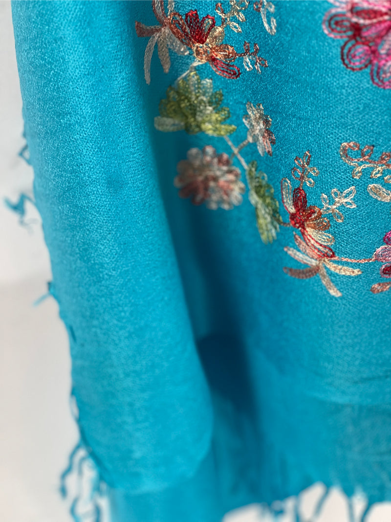 Turquoise Scarf, Floral Shawl, Embroidery, Handmade Wrap, Boho Chic Scarf, Artisan Shawl, Fringed Scarf, Bright Wrap, Eco Textile, Soft Wool Blend, Gift for Her, Vibrant Accessory, Unique Embroidery