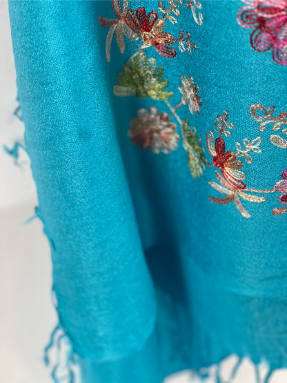 Turquoise Scarf, Floral Shawl, Embroidery, Handmade Wrap, Boho Chic Scarf, Artisan Shawl, Fringed Scarf, Bright Wrap, Eco Textile, Soft Wool Blend, Gift for Her, Vibrant Accessory, Unique Embroidery