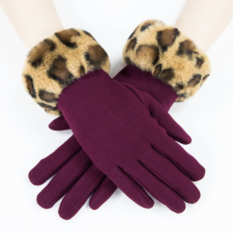 Faux Fur Trim, Suede Texture, Winter Gloves, Leopard Print, Warm Accessory, Fashion Gloves, Soft Handwear, Animal Pattern, Elegant Design, Luxury Feel, Cold Weather, Stylish Gloves, Comfort Fit