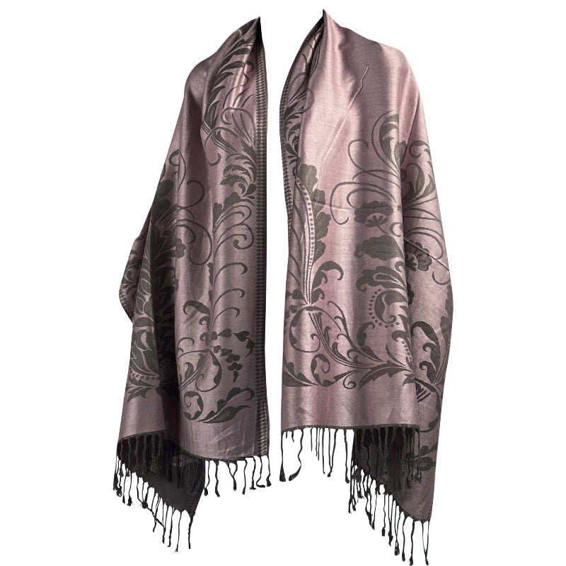 Pink Pashmina, Gray Floral, Fringed Wrap, Elegant Shawl, All-Season, Feminine Chic, Timeless Style, Soft Touch, Lightweight Warmth, Versatile Fashion, Artistic Design, Luxury Gift, Sophisticated Look