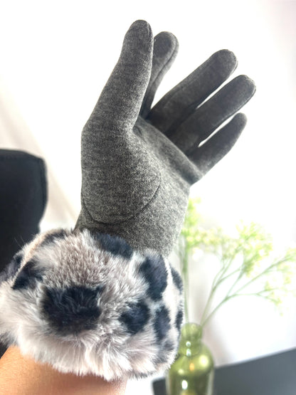 Faux Fur Trim, Suede Texture, Winter Gloves, Leopard Print, Warm Accessory, Fashion Gloves, Soft Handwear, Animal Pattern, Elegant Design, Luxury Feel, Cold Weather, Stylish Gloves, Comfort Fit