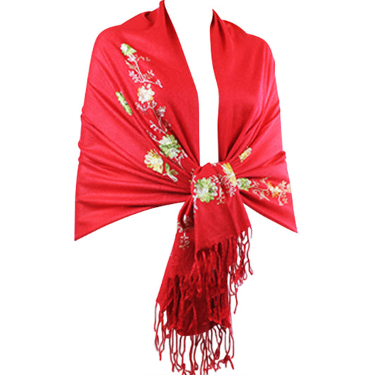 Embroidered, Red Scarf, Pashmina, Floral Design, Fringed, Elegant Wrap, Soft Texture, Versatile, Fashion Shawl, Warm Accessory, Stylish, High-Quality, Seasonal Wear