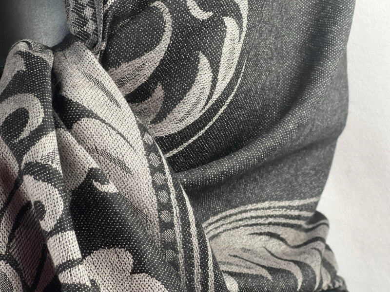 Charcoal Shawl, Silver Motifs, Pashmina Wrap, Floral Elegance, Fringed Scarf, Classic Accessory, Versatile Style, Cozy Warmth, Sophisticated Chic, Understated Glamour, Evening Wear, Daytime Sophistication, Plush Comfort