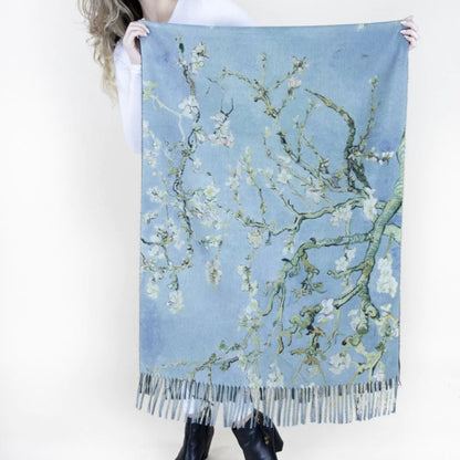 Blue Art Scarf, Blossom Print, Flowy Accessory, Silk Wrap, Elegant Drapery, Fashion Scarf, Statement Piece, Spring Fashion, Painterly Scarf, Vibrant Wear, Artistic Shawl, Chic Accessory, Blossom Pattern