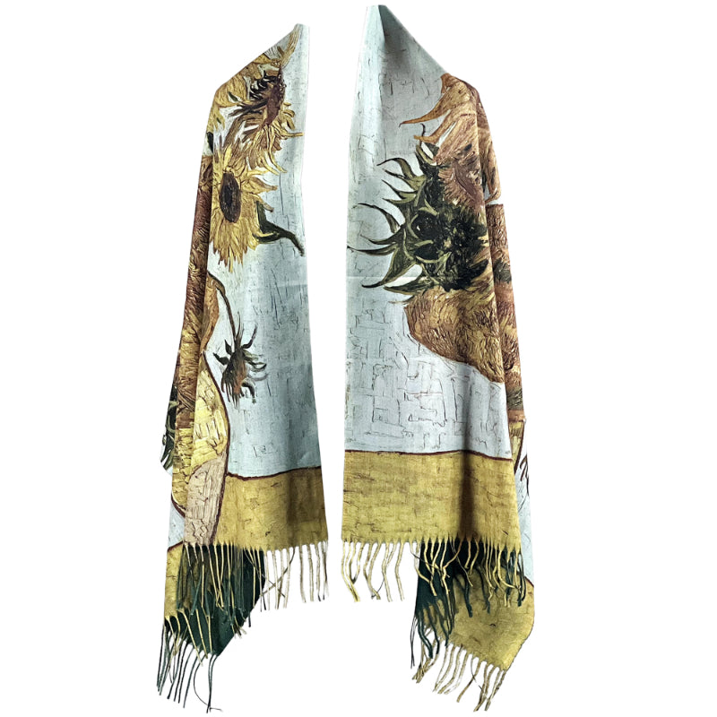 Sunflower ShawlVersatile Shawl,Art Print Scarf,Floral Accessory,Boho Chic Wrap,Nature Scarf,Eco-Friendly Scarf,Botanical Shawl,Painterly Scarf,Soft Fringed Wrap,Artisan Scarf,Seasonal Scarf,Unique Floral Wrap